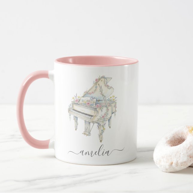 Mug Piano à queue élégant personnalisé avec fleurs (Avec donut)
