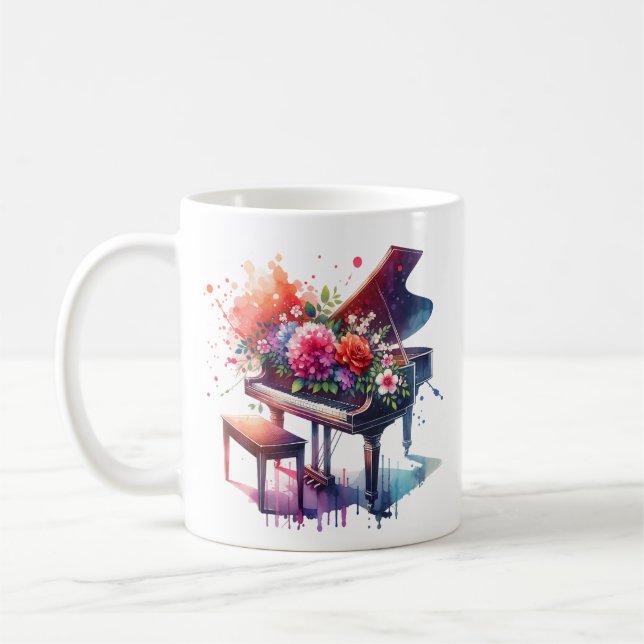 Mug Piano aquarelle et fleurs personnalisées (Gauche)