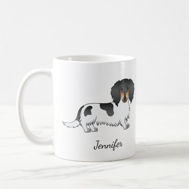Mug Piebald Noir Et Tan Cheveux Long Dachshund & Nom (Gauche)