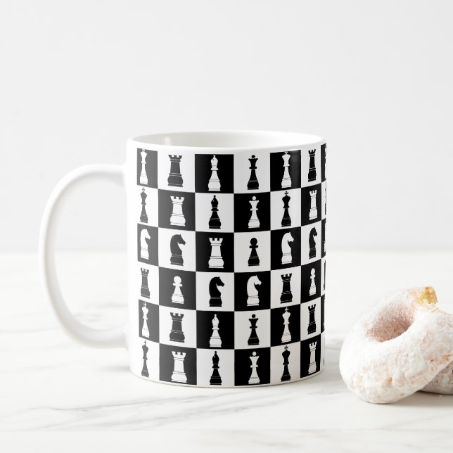 Mug Pièces de jeu d'échecs motif noir et blanc (Avec donut)