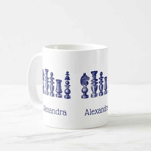 Mug Pièces d'échecs Art Vintage bleu (Devant gauche)