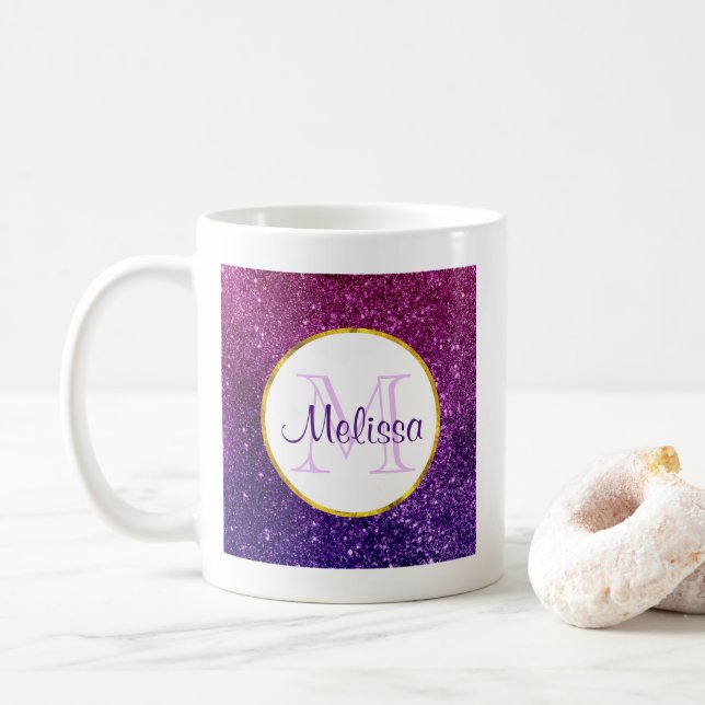 Mug Pierres à Parties scintillant rose et violet Monog (Avec donut)