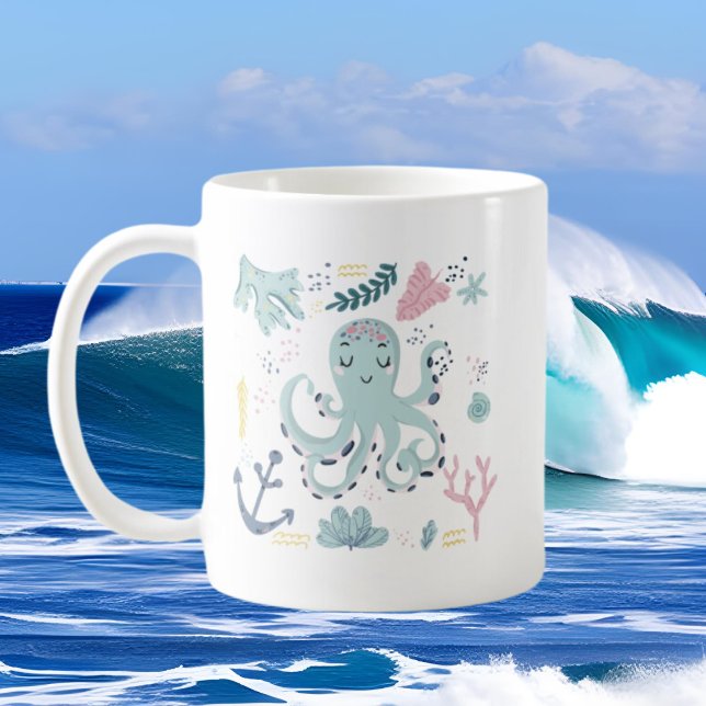 Mug pieuvre de plage mignonne ajouter monogramme (Créateur téléchargé)
