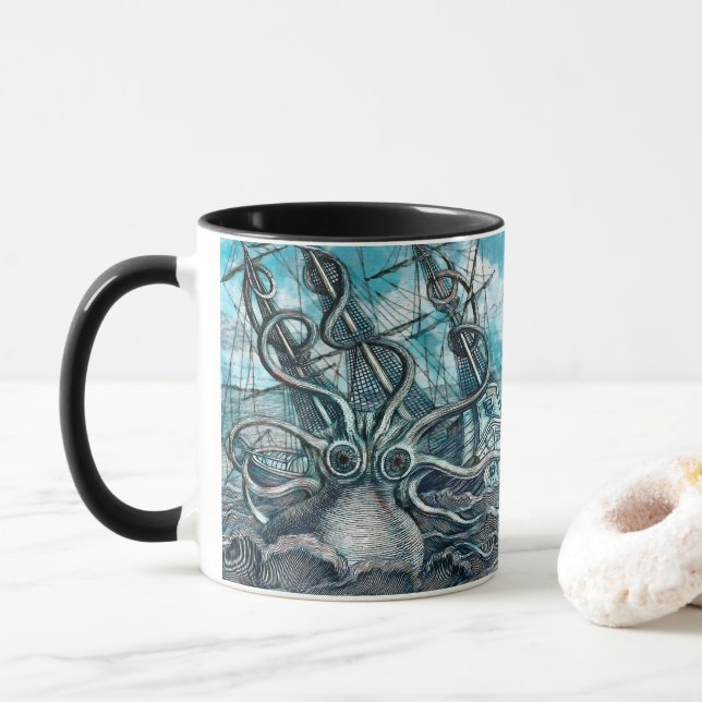 Mug Pieuvre géante Mer Bleue Monstre Voilier (Avec donut)