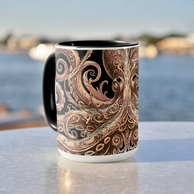 Mug Pieuvre Steampunk Kraken Ornée Or et Noir (Créateur téléchargé)