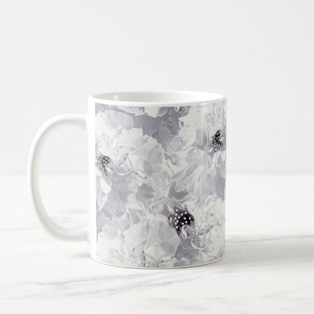 Mug Pignons, gris et blanc, fleurs florales, blanches (Gauche)