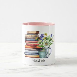 Mug Pile de livres floraux à l'aquarelle personnalisée