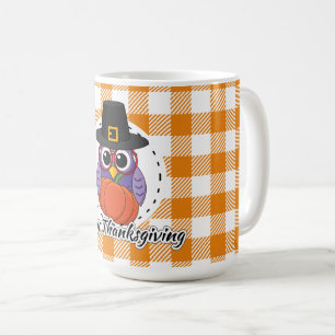 Mug Pilgrim owl on Orange Plaid - Happy Thanksgiving