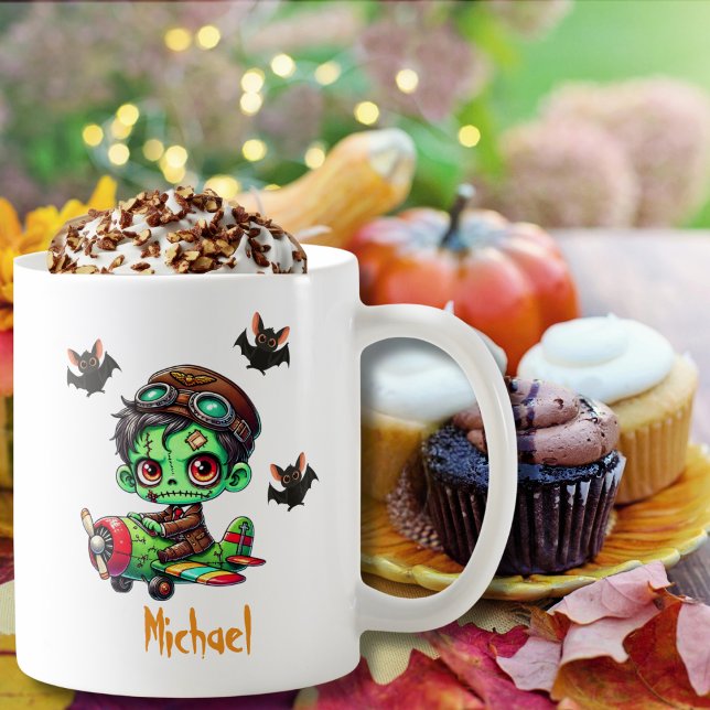 Mug Pilote Zombie avion volant et Bat Funny Halloween (Personalized design on left and right side.)