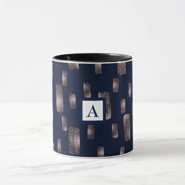 Mug Pinceau Moderne Rose Gold & Bleu Nuit Pailleté (Centre)