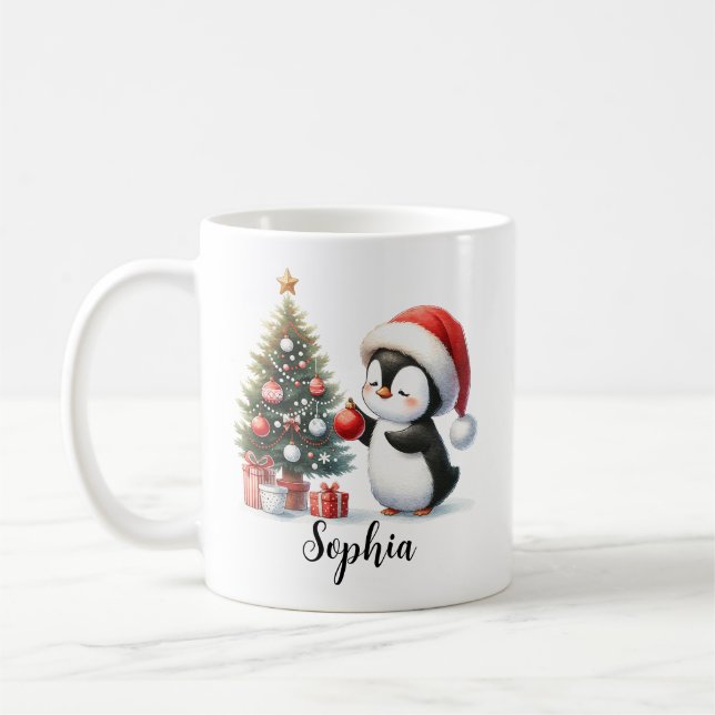Mug Pine de pingouin mignon Rouge Blanc Personnalisé N (Gauche)