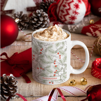 Mug Pine Sprigs and Berries Custom Name Christmas