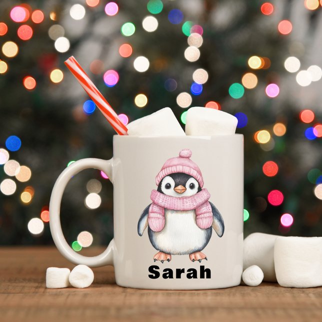 Mug Pingouin Casquette rose personnalisé Nom personnal (Personalized Pink Hat Penguin Custom Name Coffee Mug
)