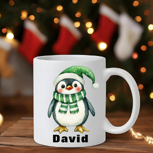 Mug Pingouin Casquette Vert Personnalisé Nom personnal