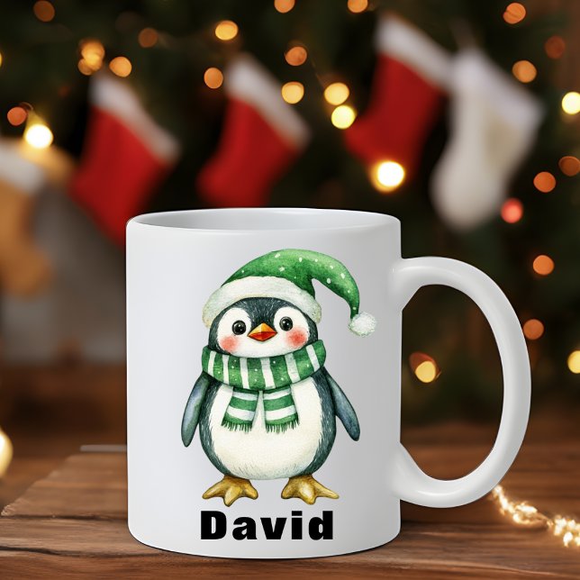 Mug Pingouin Casquette Vert Personnalisé Nom personnal (Personalized Green Hat Penguin Custom Name Mug)