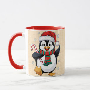 Mug Pingouin de Noël avec Bonnet et Canne à Sucre