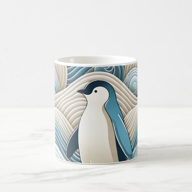 Mug Pingouin En Crème Bleu Vagues Abstraites (Centre)