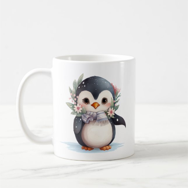 Mug Pingouin mignon avec Écharpe et Holly (Gauche)