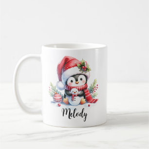 Mug Pingouin mignon en rouge Nom personnalisé Noël