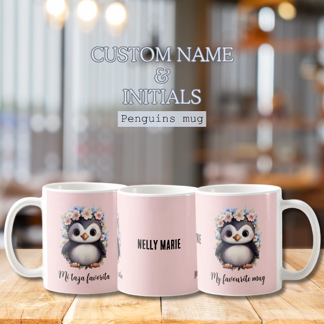 Mug Pingouins Bilingue Mi Taza Favorita Espagnol Rose (My favourite mug pink cute penguins, bilingual text, Spanish mi taza favorita. Multilingual project)