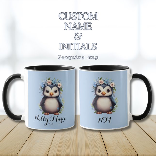 Mug Pingouins mignons Bleu Nom et initiales personnali (Blue mug with penguins, custom name & intitials. personalized. Multilingual Project)