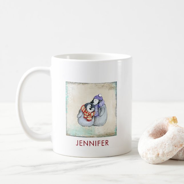 Mug Pingouins mignons en Écharpes d'hiver et Casquette (Avec donut)
