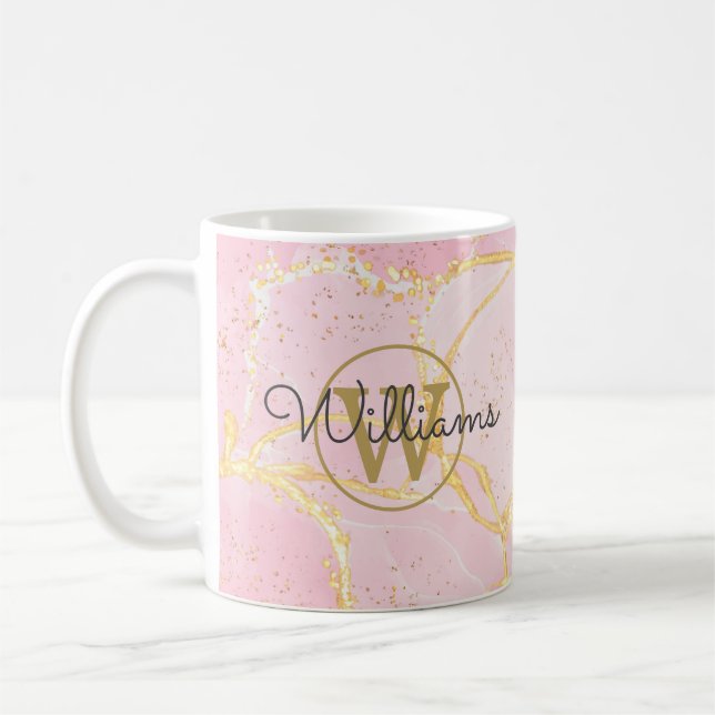 Mug Pink Agate Geode Gold Monogramme Nom du script (Gauche)
