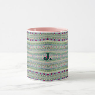 Mug Pink and Green Pretty Hearts Motif et une lettre