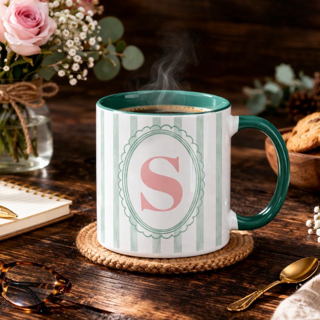 Mug Pink and Mint Watercolor Striped custom monogram (Créateur téléchargé)