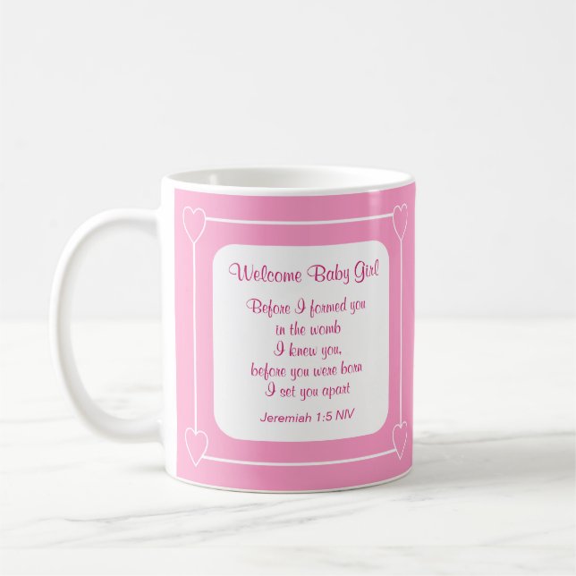 Mug Pink and White Baby Girl Shower Party Bible Verse (Gauche)