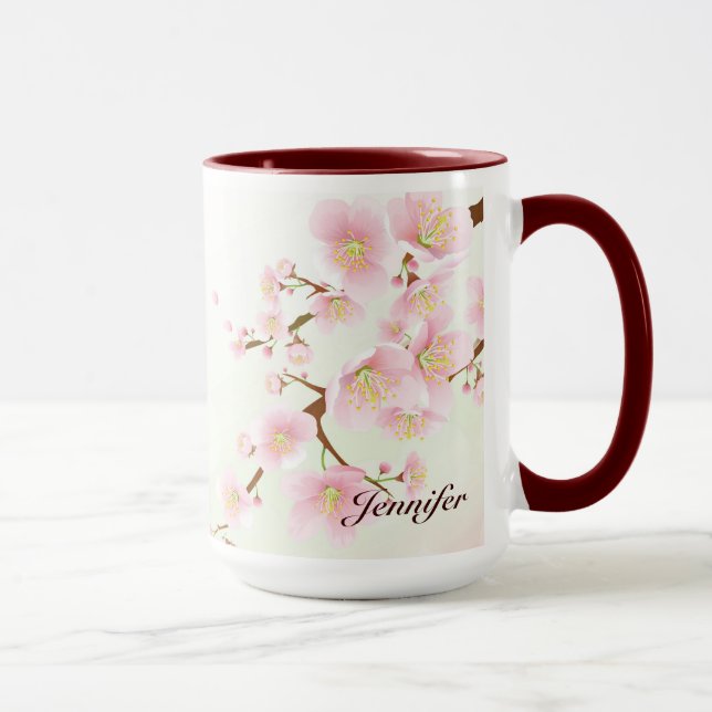 Mug Pink and White Cherry Blossom Nature Monogram (Droite)