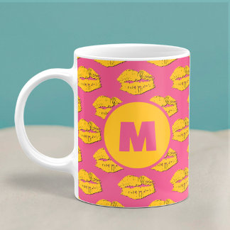 Mug Pink and Yellow XOXO Kissing Lips Personalized