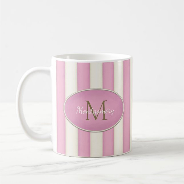 Mug Pink & Antique White Strips Bronze Monogramme (Gauche)