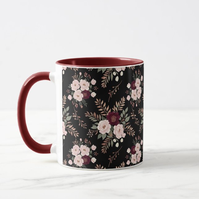 Mug Pink Black Burgundy Watercolor Florals (Gauche)