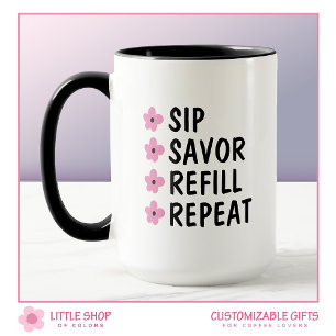 Mug Pink Black Floral Amateurs de café Personnalisable