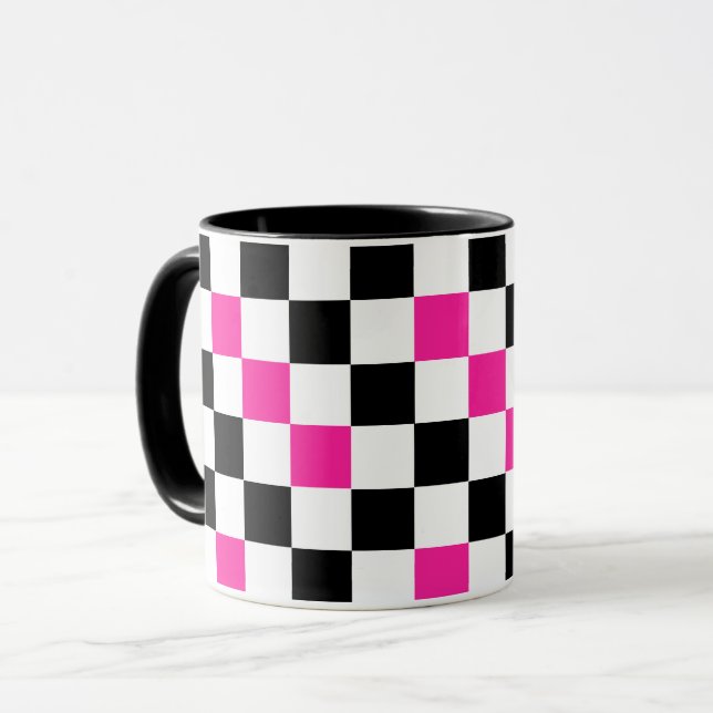 Mug Pink Black White Checkered Pattern Design  (Devant gauche)