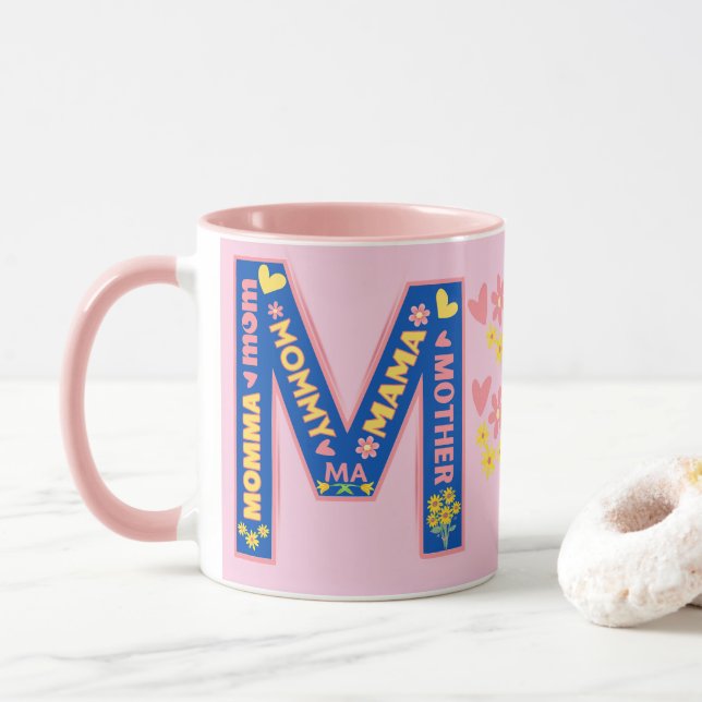 Mug Pink Bold Letter M Avec des moyens de dire Maman (Avec donut)