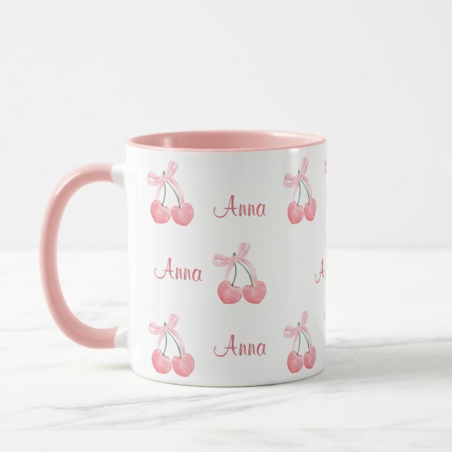 Mug Pink Bow and Cherry Personalized Custom Girl Name (Gauche)