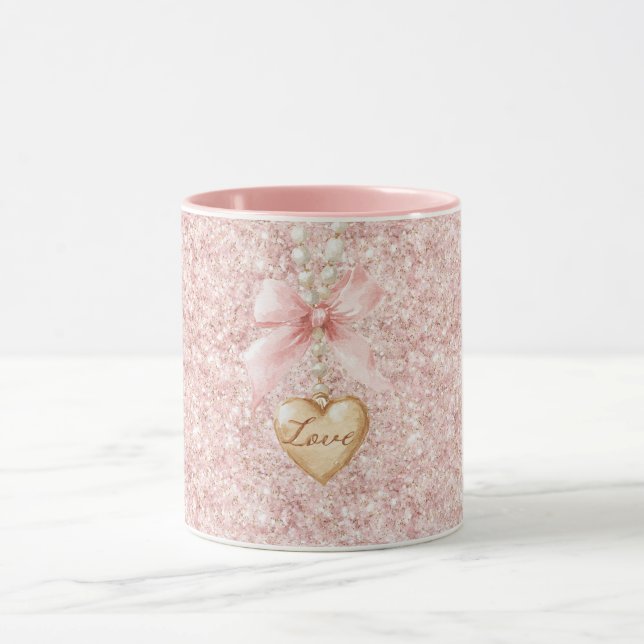 Mug Pink Bow Glitter Love Heart Necklace   (Centre)