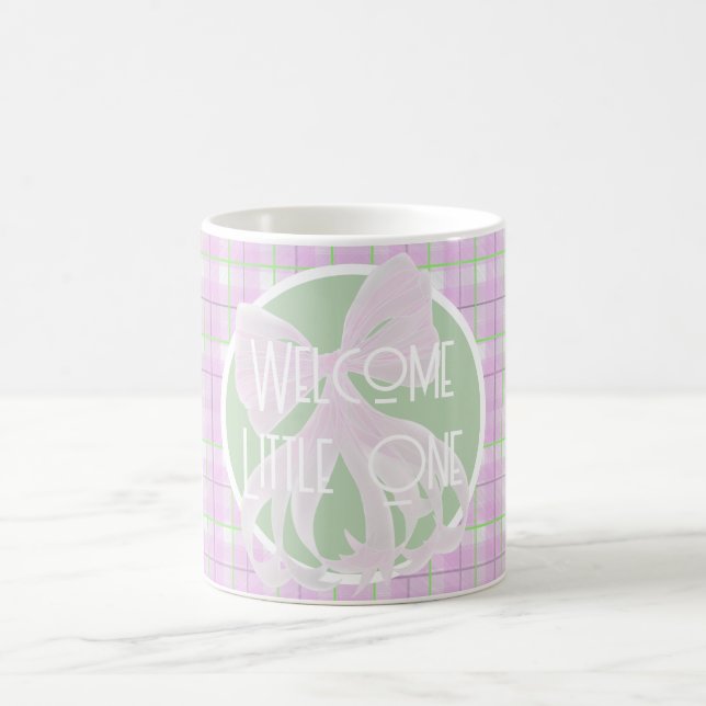 Mug Pink bow-Welcome Little One- pink green plaid (Centre)