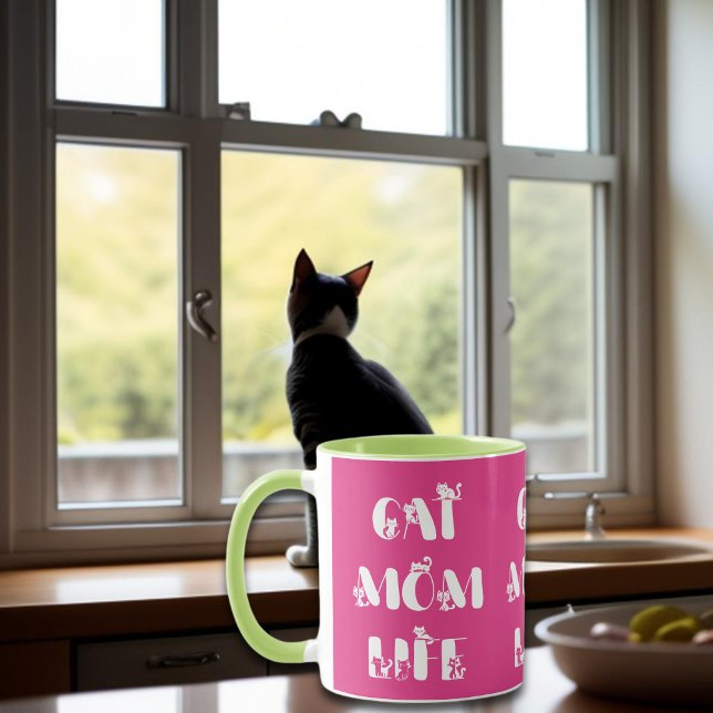 Mug Pink Cat Maman Vie Mignonne Typographie Fête des M (Créateur téléchargé)