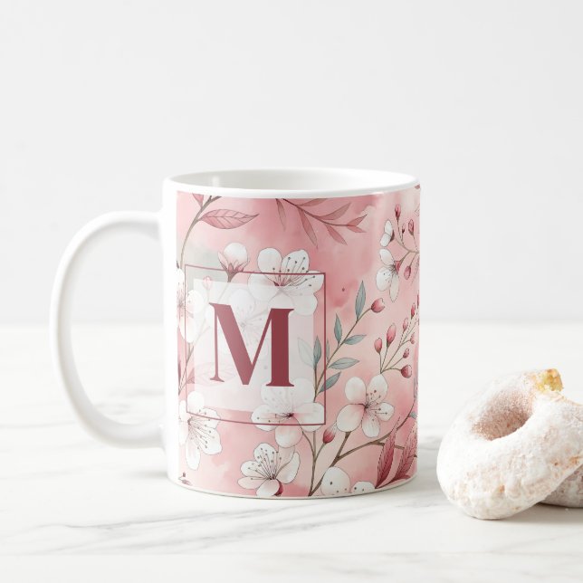Mug Pink cherry blossom monogram (Avec donut)