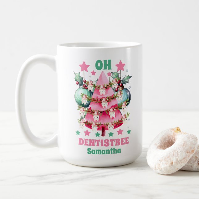 Mug Pink Christmas Dentist Joyeux Noël Nom personnalis (Avec donut)