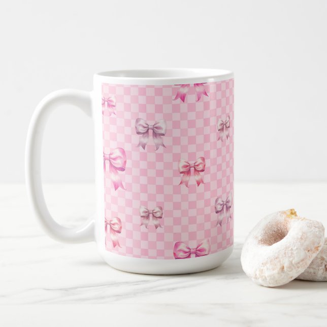 Mug Pink Coquette Bow Checboard (Avec donut)