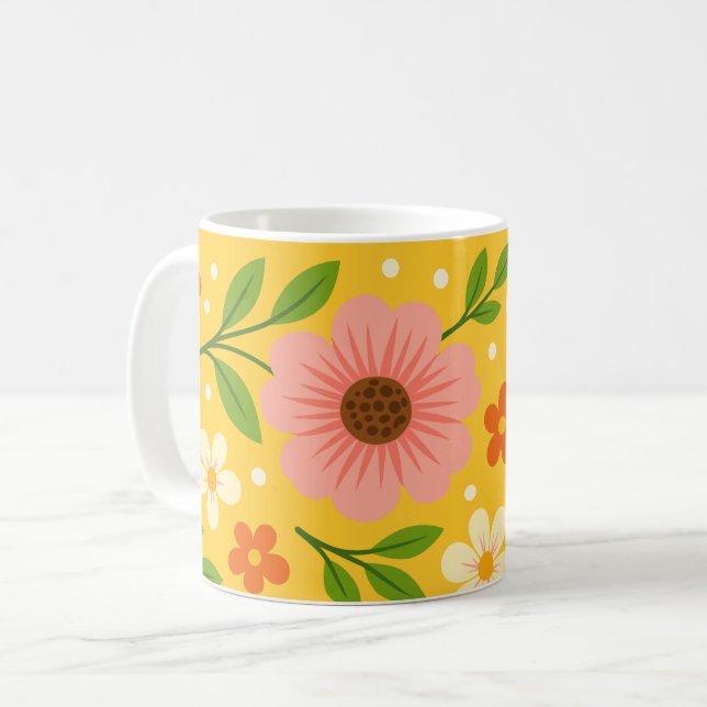 Mug Pink, cream & Orange Flowers with Green Leaves (Devant gauche)