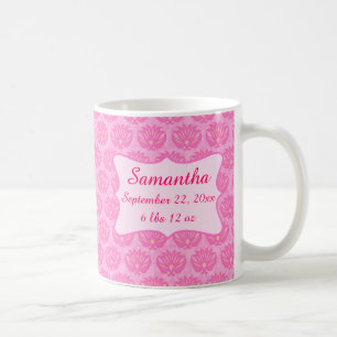 Mug Pink Damask Baby Girl Nom Naissance personnalisée