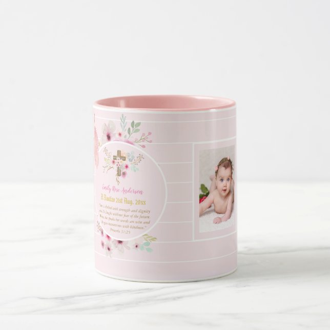 Mug Pink Floral BAUTIZO Baptême Bible Verse Photo Girl (Centre)