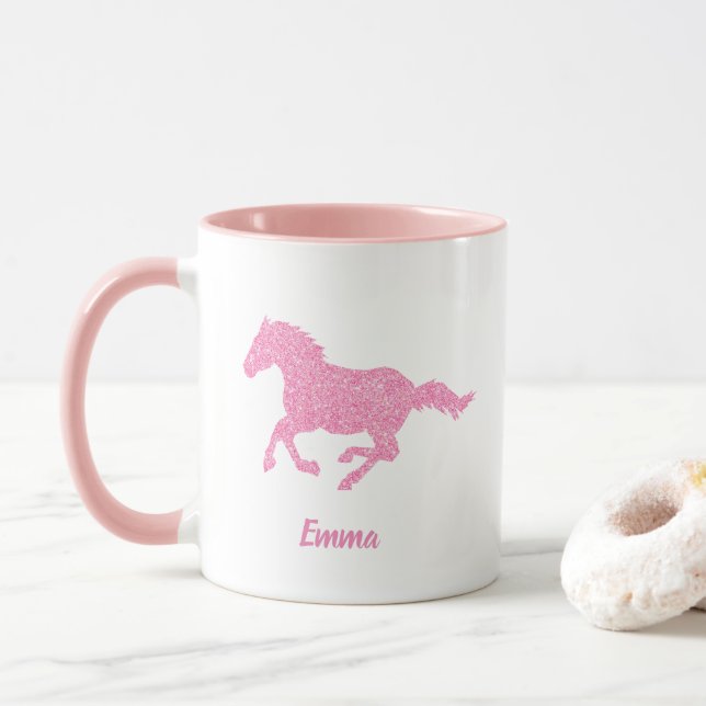 Mug Pink Glitter Horse Little Girl First Name Animal (Avec donut)