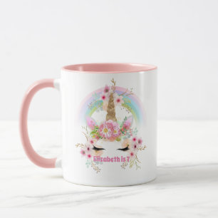 Mug Pink Gold UNICORN Fleurs arc-en-ciel Filles NOMMÉE