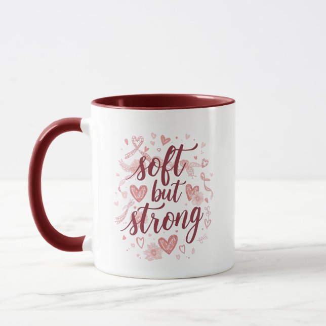 Mug Pink Hearts Empowering "Soft But Strong" Graphic (Gauche)